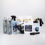Collection of Salt-Shark cleaning products on a white background. Image shows brass foam sprayer, engine flush adapter, bucket, equipment spray bottle and 2 chamois towels in containers