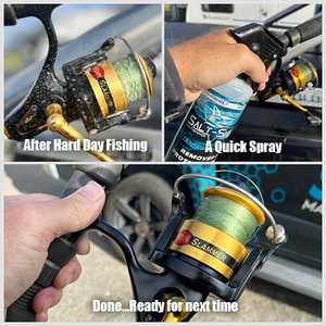 Penn Fishing reel cleaning process with a spray bottle labeled 'Salt Shark".